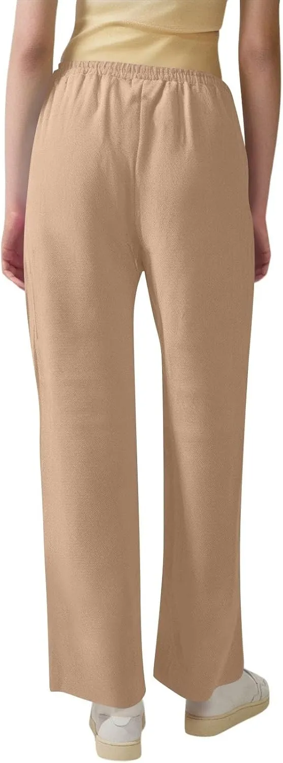 Women Cotton Linen Pants Casual Elastic Drawstring Straight Leg Pants Trousers with Pockets Summer Beach Lounge Pants