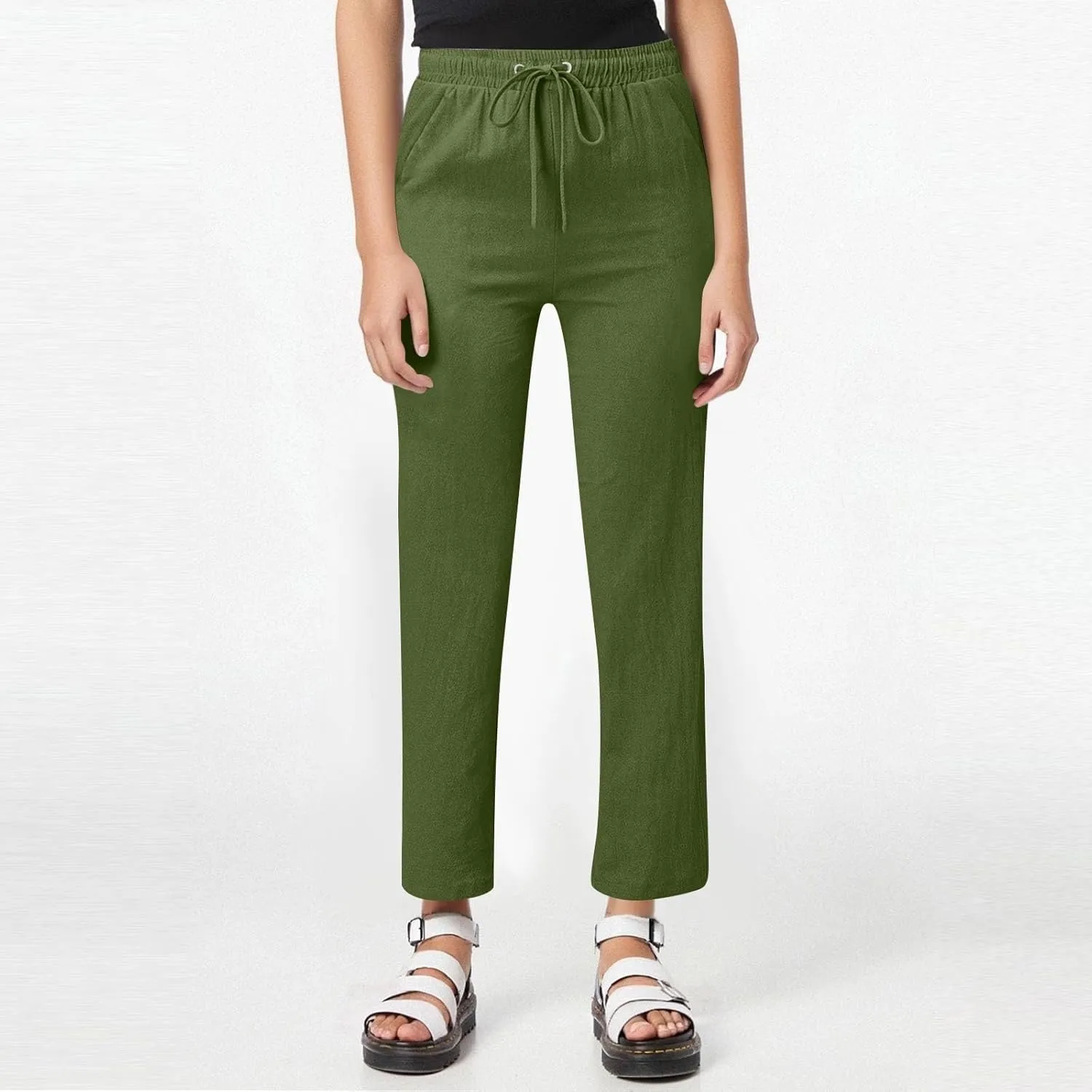Women Cotton Linen Pants Casual Elastic Drawstring Straight Leg Pants Trousers with Pockets Summer Beach Lounge Pants