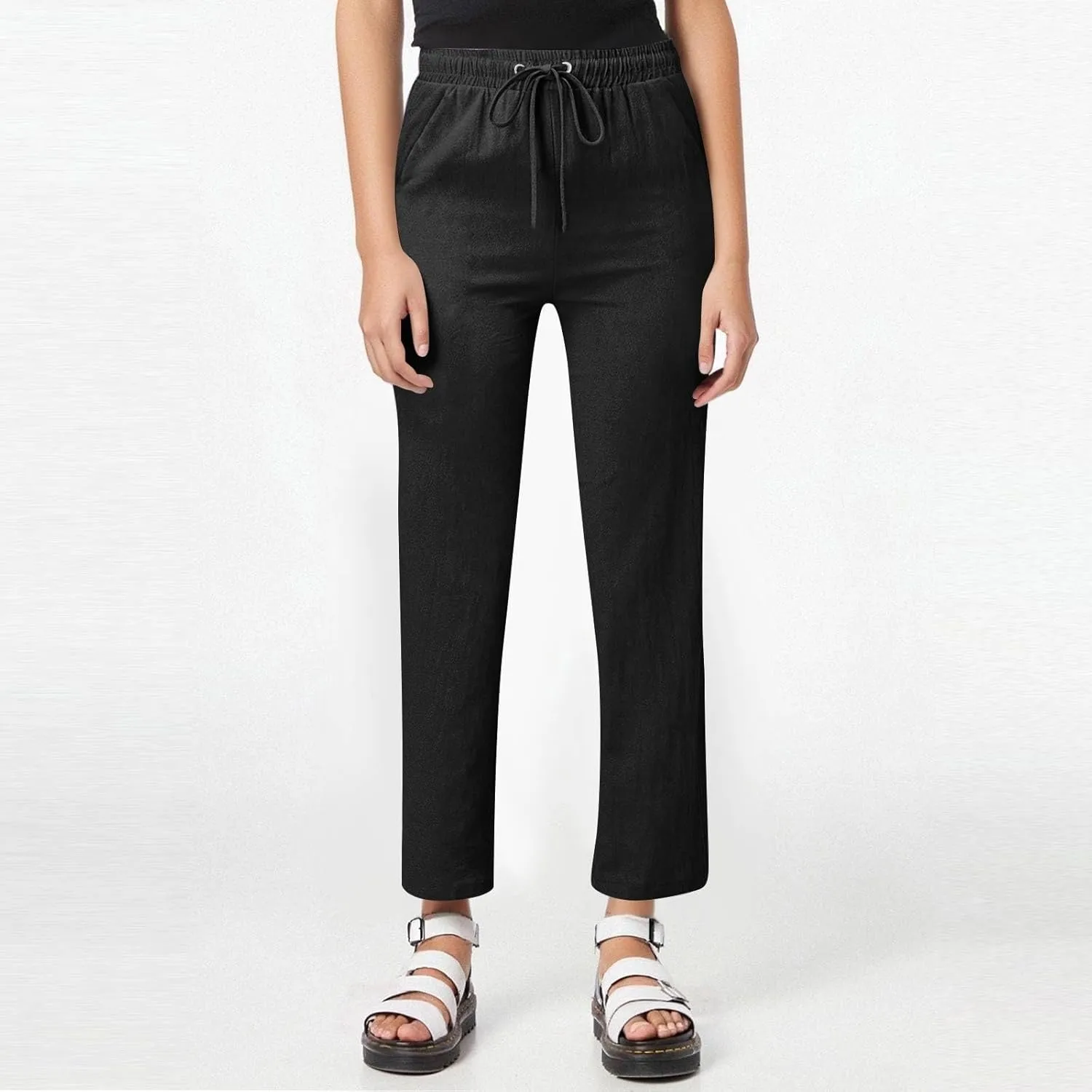 Women Cotton Linen Pants Casual Elastic Drawstring Straight Leg Pants Trousers with Pockets Summer Beach Lounge Pants