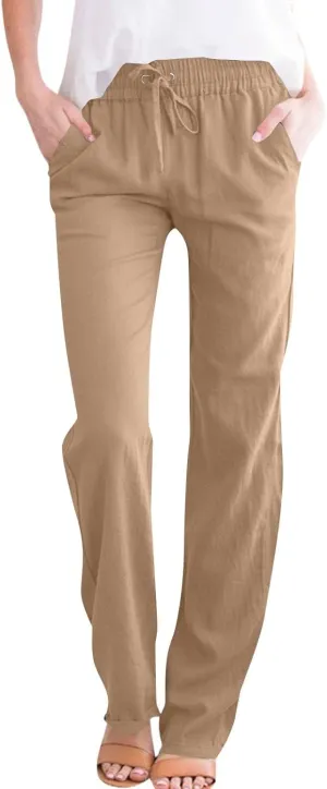 Women Cotton Linen Pants Casual Elastic Drawstring Straight Leg Pants Trousers with Pockets Summer Beach Lounge Pants