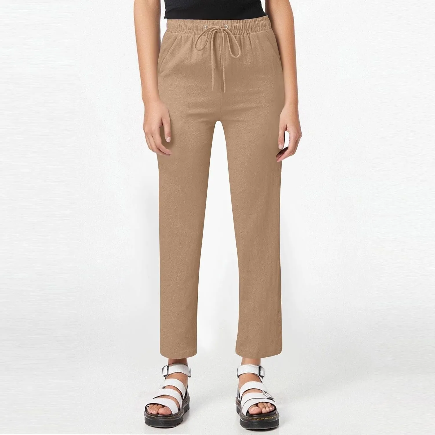 Women Cotton Linen Pants Casual Elastic Drawstring Straight Leg Pants Trousers with Pockets Summer Beach Lounge Pants