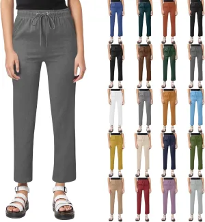 Women Cotton Linen Pants Casual Elastic Drawstring Straight Leg Pants Trousers with Pockets Summer Beach Lounge Pants