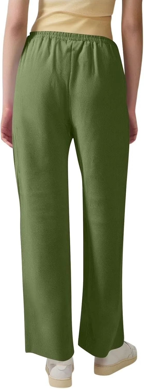 Women Cotton Linen Pants Casual Elastic Drawstring Straight Leg Pants Trousers with Pockets Summer Beach Lounge Pants