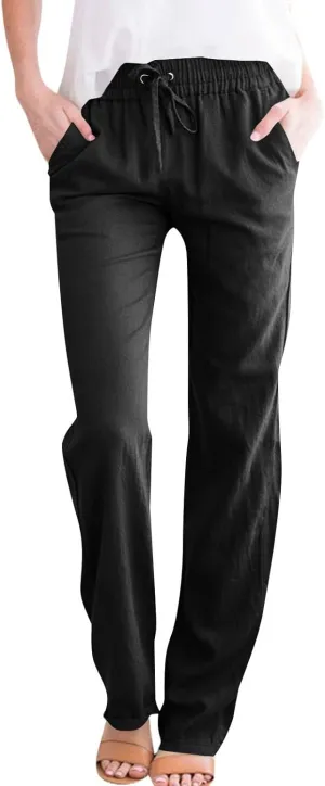 Women Cotton Linen Pants Casual Elastic Drawstring Straight Leg Pants Trousers with Pockets Summer Beach Lounge Pants