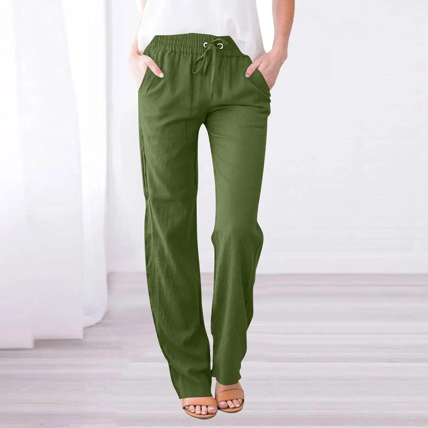 Women Cotton Linen Pants Casual Elastic Drawstring Straight Leg Pants Trousers with Pockets Summer Beach Lounge Pants