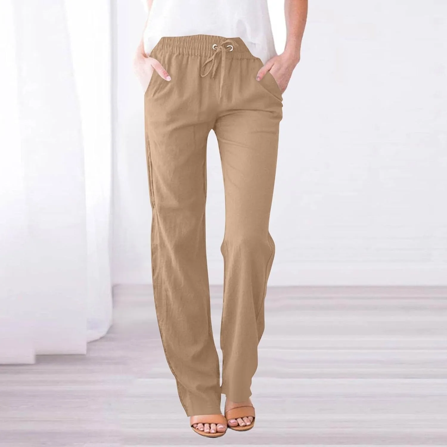 Women Cotton Linen Pants Casual Elastic Drawstring Straight Leg Pants Trousers with Pockets Summer Beach Lounge Pants