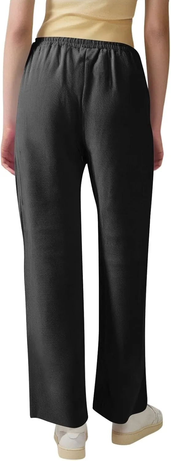 Women Cotton Linen Pants Casual Elastic Drawstring Straight Leg Pants Trousers with Pockets Summer Beach Lounge Pants