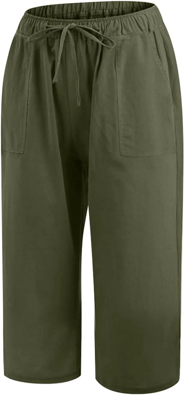 Women Cotton Linen Summer Boho Pants High Waist Ankle Length Plus Size Trouser Travel