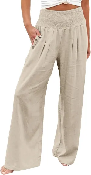 Women Cotton Linen Summer Boho Pants High Waist Straight Slim-Fit Pant Trousers Work Business