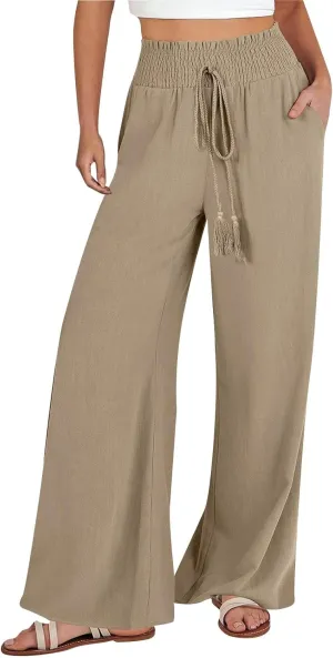 Women Cotton Linen Summer Floral Pant Trousers Elastic Waist Baggy Stretchy Slim Fit Trousers Trendy