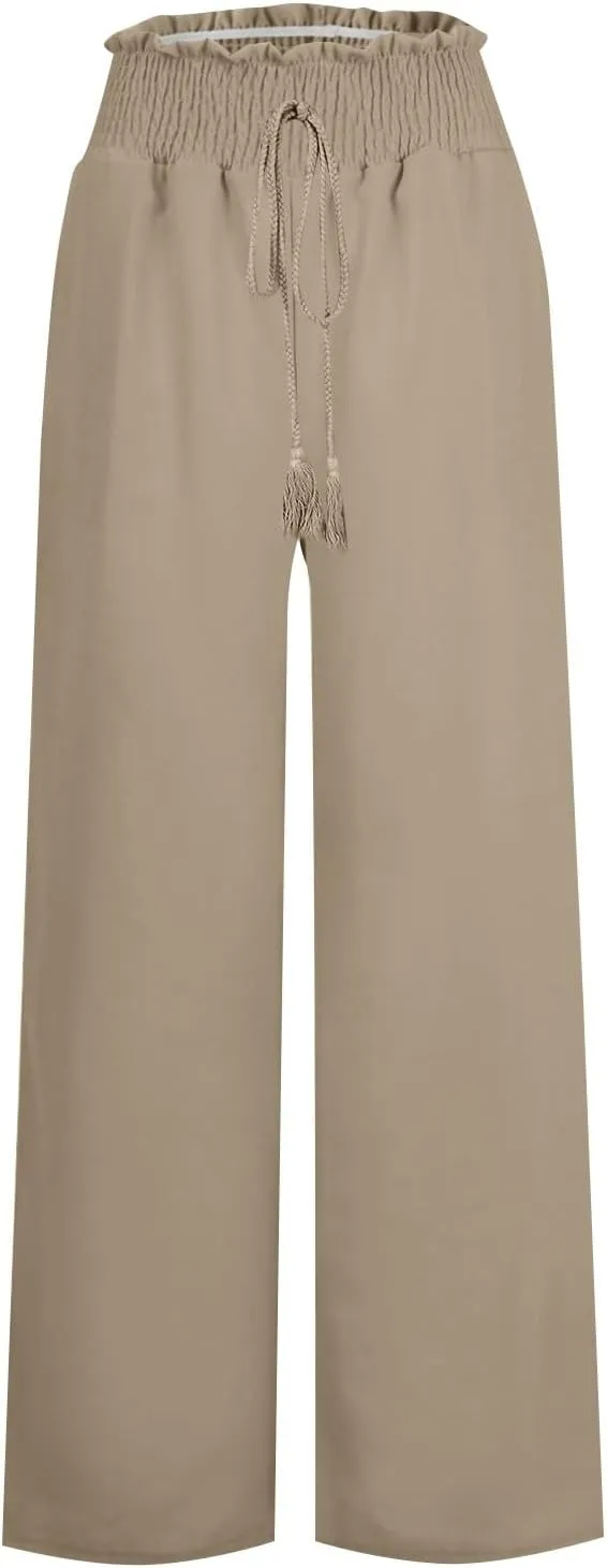 Women Cotton Linen Summer Floral Pant Trousers Elastic Waist Baggy Stretchy Slim Fit Trousers Trendy