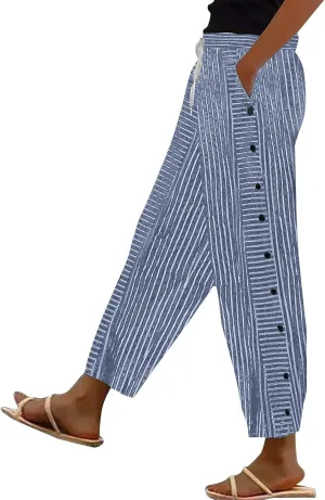 Women High Waist Capris Striped Pants Cotton Linen Casual Straight Leg Trousers Loose Lounge Side Buttons Cropped Pant Blue