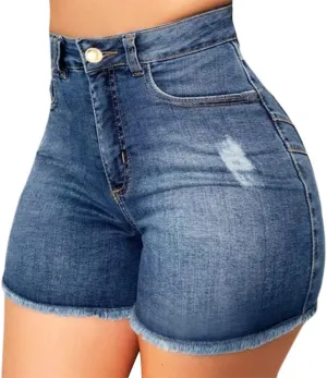 Women Hight Waisted Denim Shorts Trendy Butt Lifting Jean Shorts Distressed Frayed Raw Ripped Short Jeans