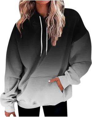 Women Hooded Sweatshirts Gradient Graphic Oversized Pullover Drawstraing Long Sleeve Trendy Sweater Tops with Pocket