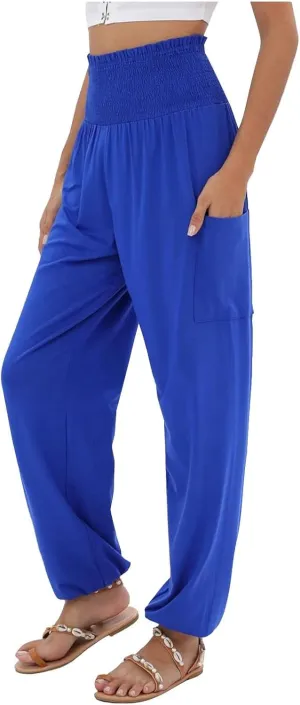 Women Linen Blend Summer Loose Flowy Palazzo Lounge Pants Elastic Waisted Wide Leg Plus Size Trousers Trendy