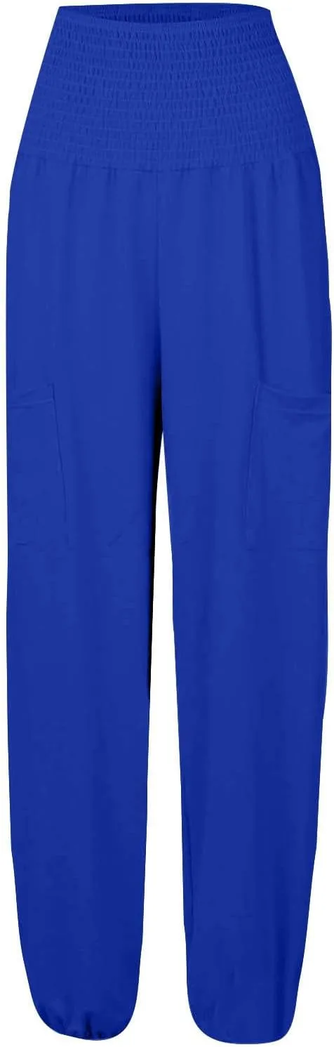 Women Linen Blend Summer Loose Flowy Palazzo Lounge Pants Elastic Waisted Wide Leg Plus Size Trousers Trendy