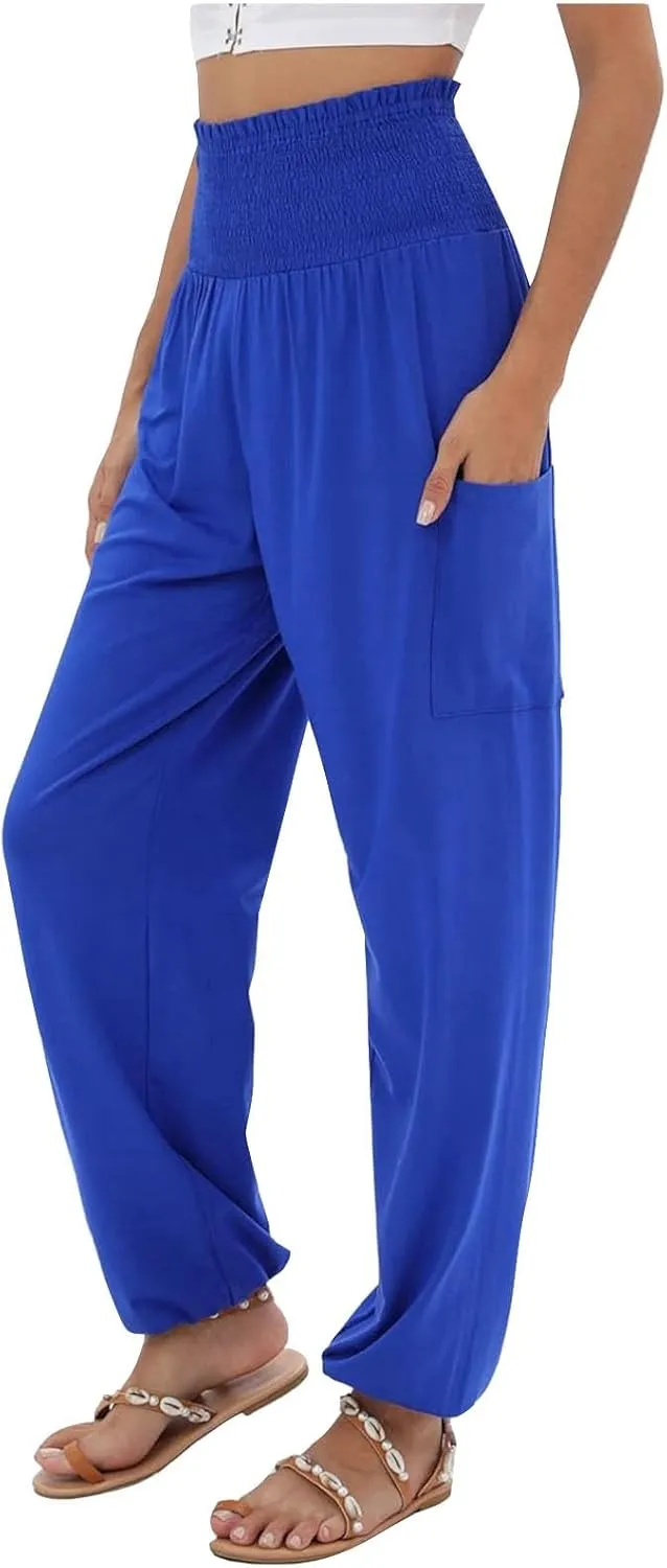 Women Linen Blend Summer Loose Flowy Palazzo Lounge Pants Elastic Waisted Wide Leg Plus Size Trousers Trendy