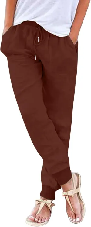 Women Linen Blend Summer Trendy Pants Elastic Waisted Baggy Stretchy Loose Fit Trousers Office