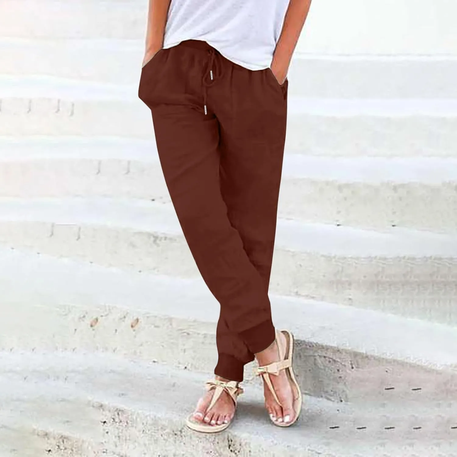 Women Linen Blend Summer Trendy Pants Elastic Waisted Baggy Stretchy Loose Fit Trousers Office