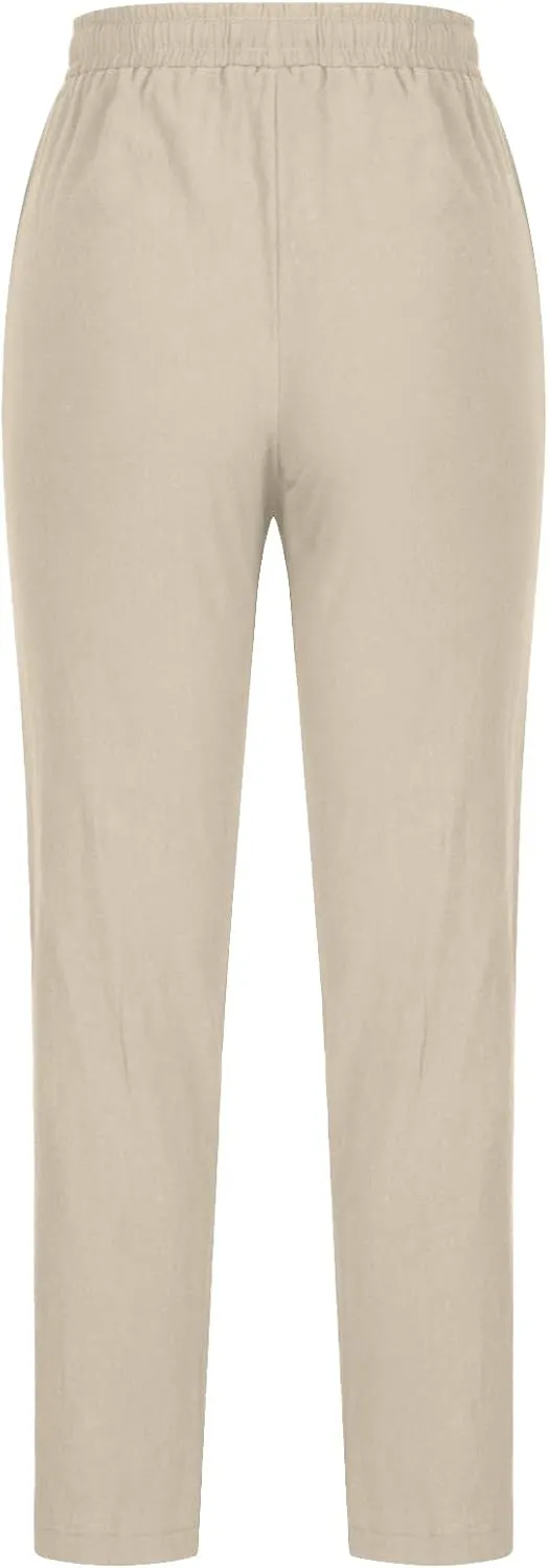 Women Linen Pants Casual Straight Leg Pants Drawstring Waist Long Pants Comfy Work Trousers Summer Jogger Pants Plus