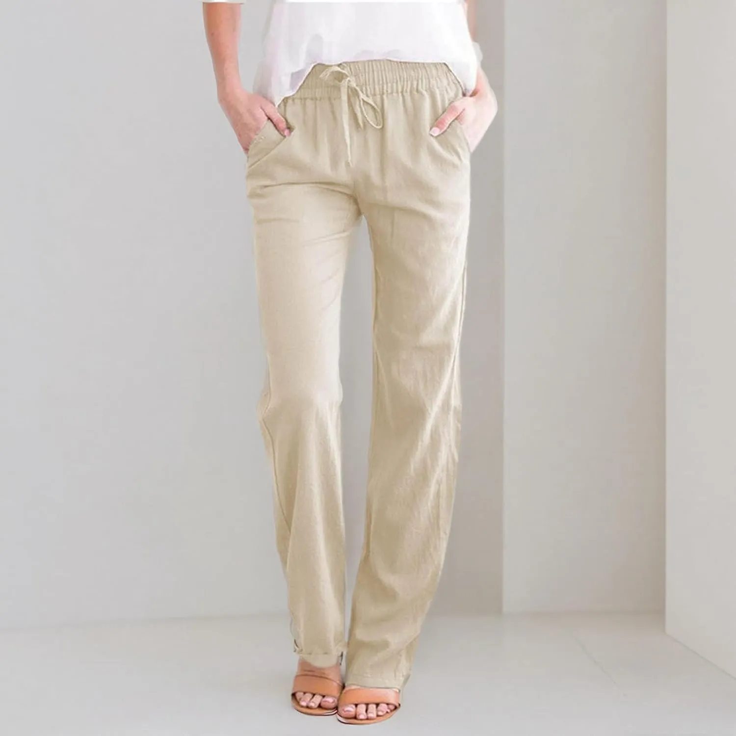 Women Linen Pants Casual Straight Leg Pants Drawstring Waist Long Pants Comfy Work Trousers Summer Jogger Pants Plus