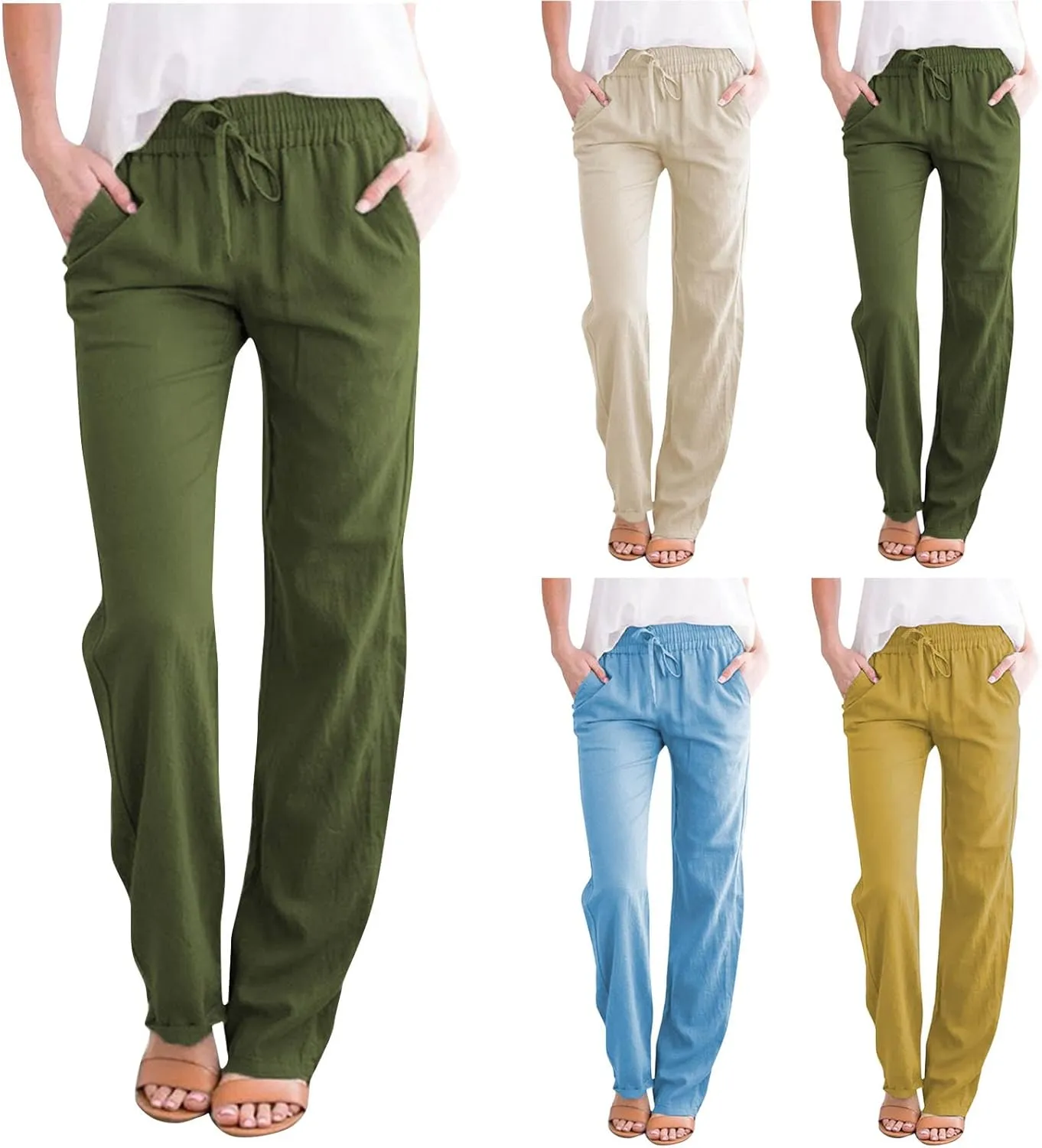 Women Linen Pants Casual Straight Leg Pants Drawstring Waist Long Pants Comfy Work Trousers Summer Jogger Pants Plus