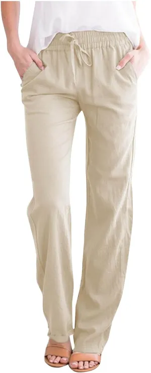 Women Linen Pants Casual Straight Leg Pants Drawstring Waist Long Pants Comfy Work Trousers Summer Jogger Pants Plus