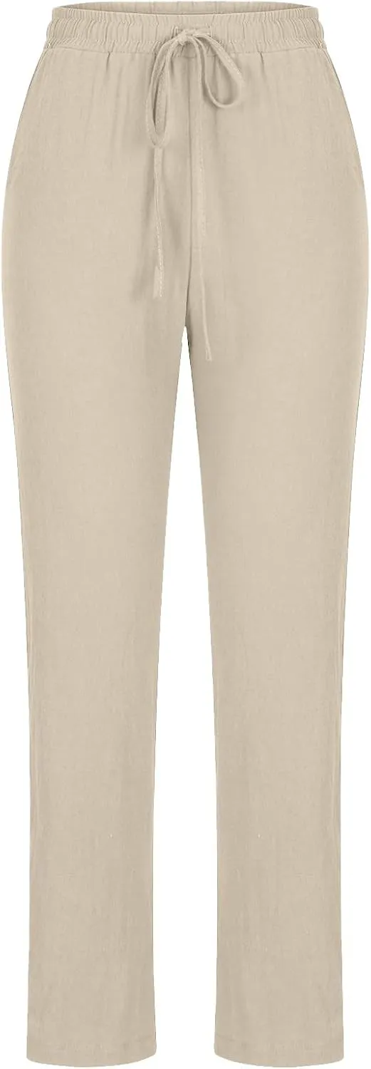 Women Linen Pants Casual Straight Leg Pants Drawstring Waist Long Pants Comfy Work Trousers Summer Jogger Pants Plus