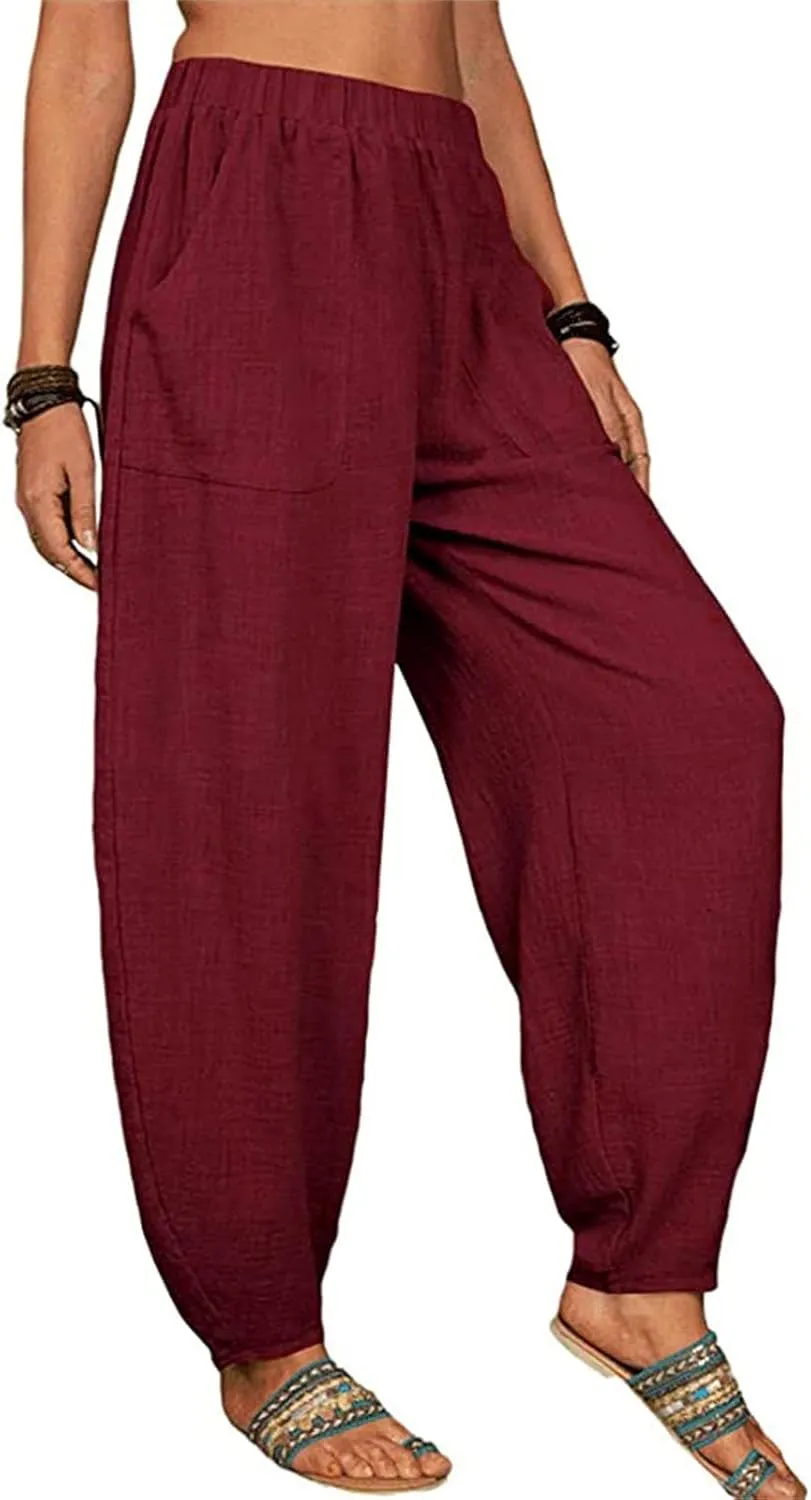 Women Linen Summer Baggy Pant Trousers Low Waist Stretchy Straight Loose Fit Pant Trousers Beach
