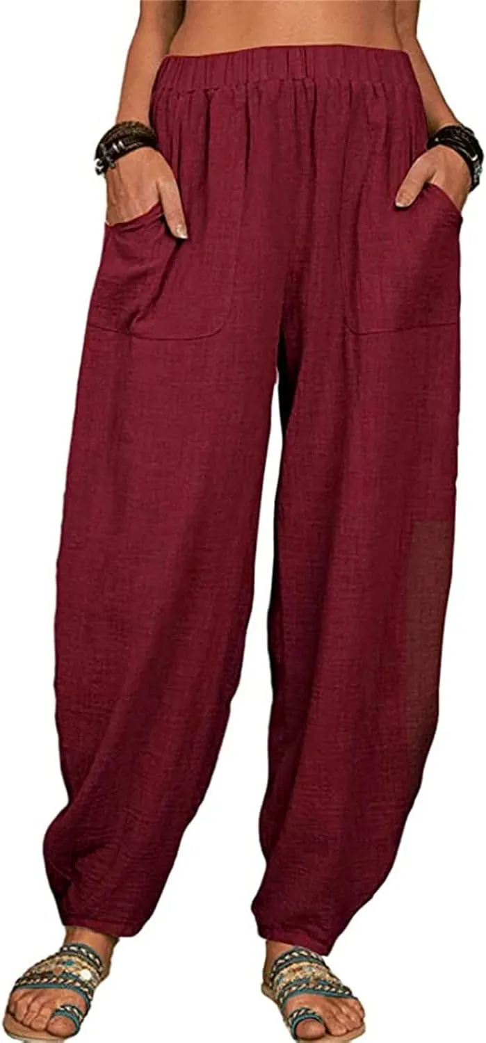 Women Linen Summer Baggy Pant Trousers Low Waist Stretchy Straight Loose Fit Pant Trousers Beach