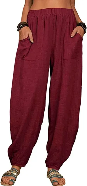 Women Linen Summer Baggy Pant Trousers Low Waist Stretchy Straight Loose Fit Pant Trousers Beach
