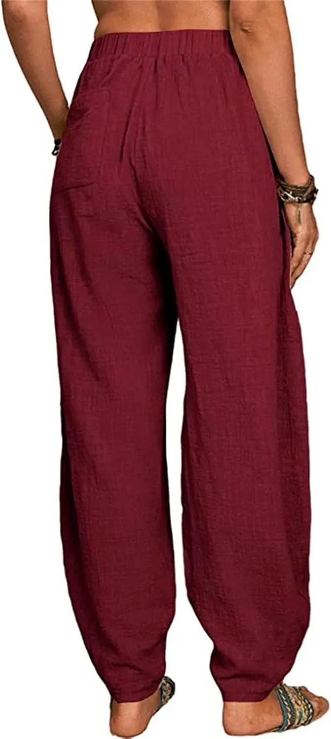 Women Linen Summer Baggy Pant Trousers Low Waist Stretchy Straight Loose Fit Pant Trousers Beach