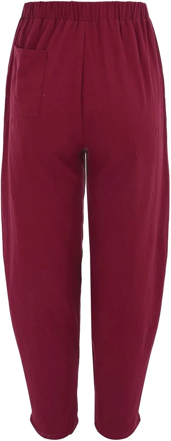 Women Linen Summer Baggy Pant Trousers Low Waist Stretchy Straight Loose Fit Pant Trousers Beach