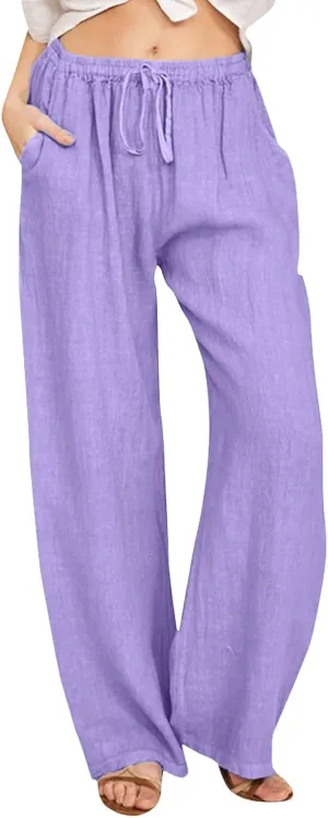 Women Linen Summer Loose Flowy Pants Low Waist Bootcut Slim-Fit Palazzo Lounge Pants Travel