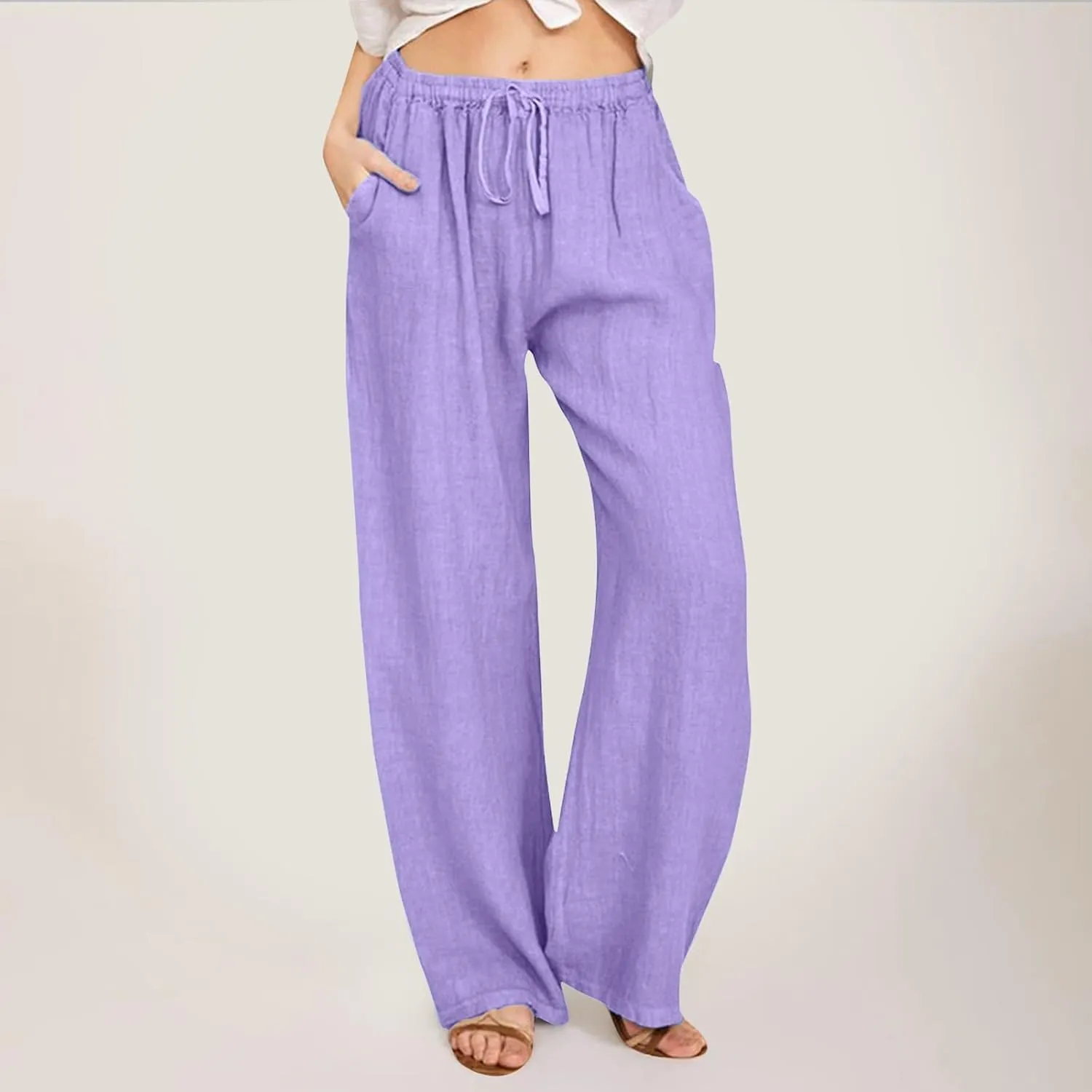 Women Linen Summer Loose Flowy Pants Low Waist Bootcut Slim-Fit Palazzo Lounge Pants Travel