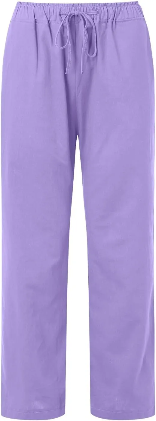Women Linen Summer Loose Flowy Pants Low Waist Bootcut Slim-Fit Palazzo Lounge Pants Travel