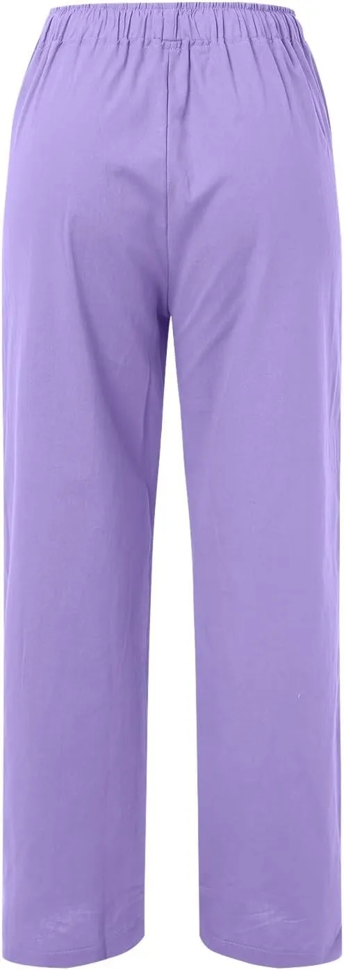 Women Linen Summer Loose Flowy Pants Low Waist Bootcut Slim-Fit Palazzo Lounge Pants Travel