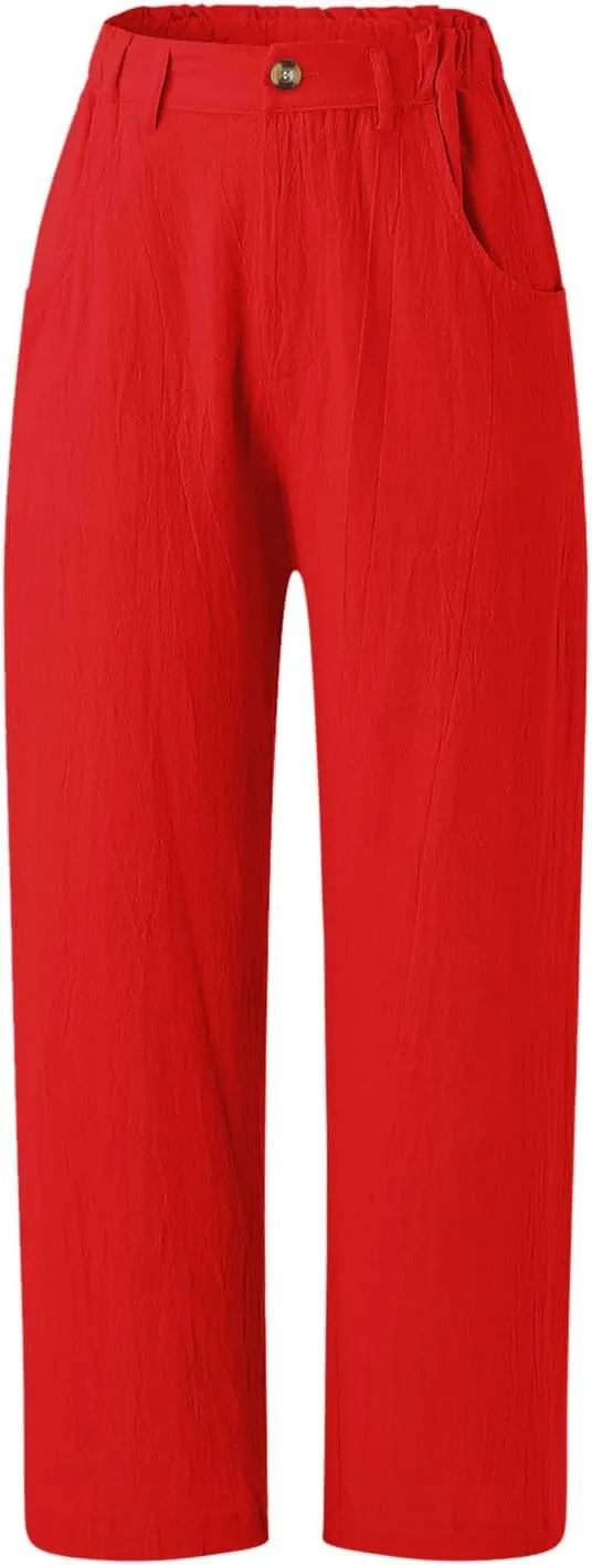 Women Linen Summer Split Flowy Palazzo Pants Low Waist Straight Loose Fit Pant Trousers Office
