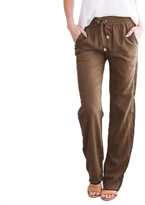 Women Linen Summer Trendy Pants High Waist Baggy Stretchy Slim-Fit Trousers Travel