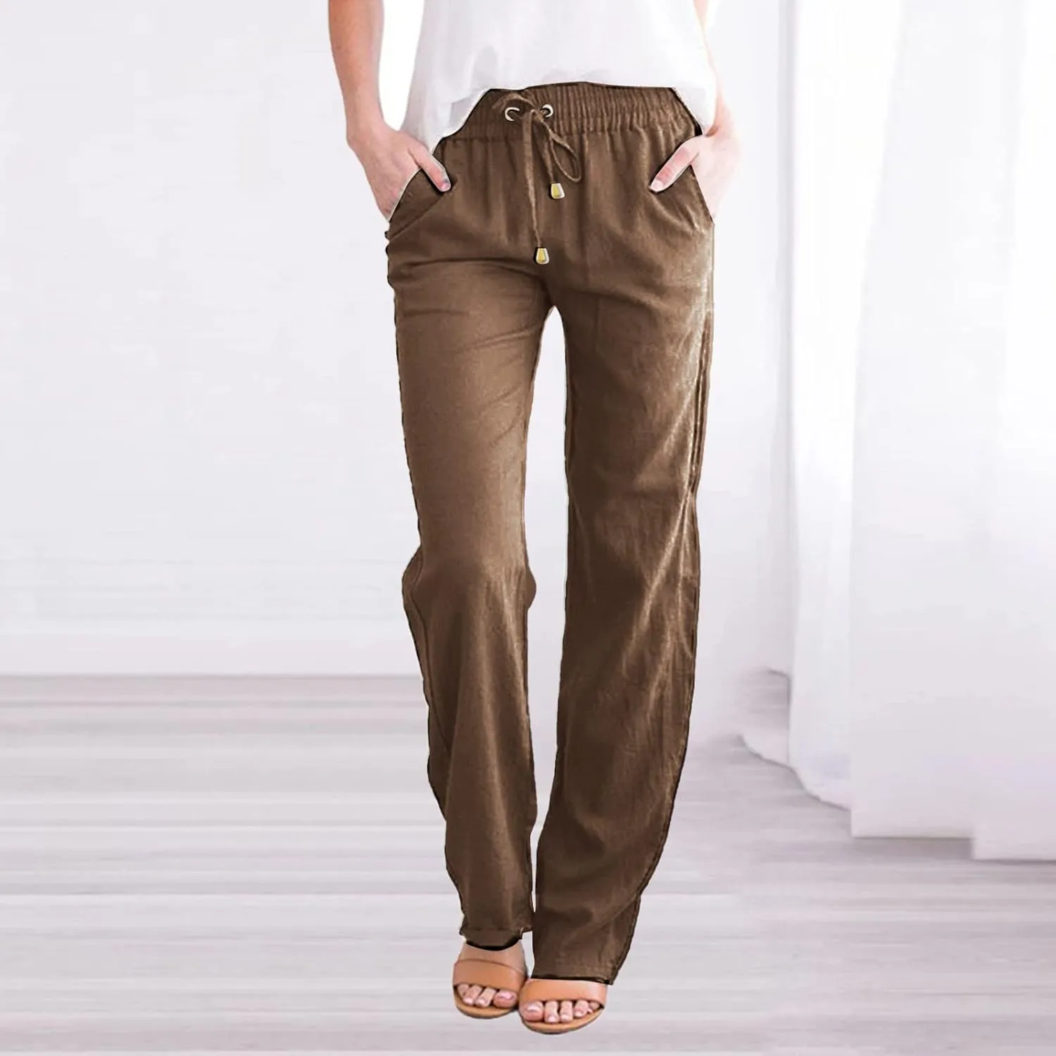 Women Linen Summer Trendy Pants High Waist Baggy Stretchy Slim-Fit Trousers Travel