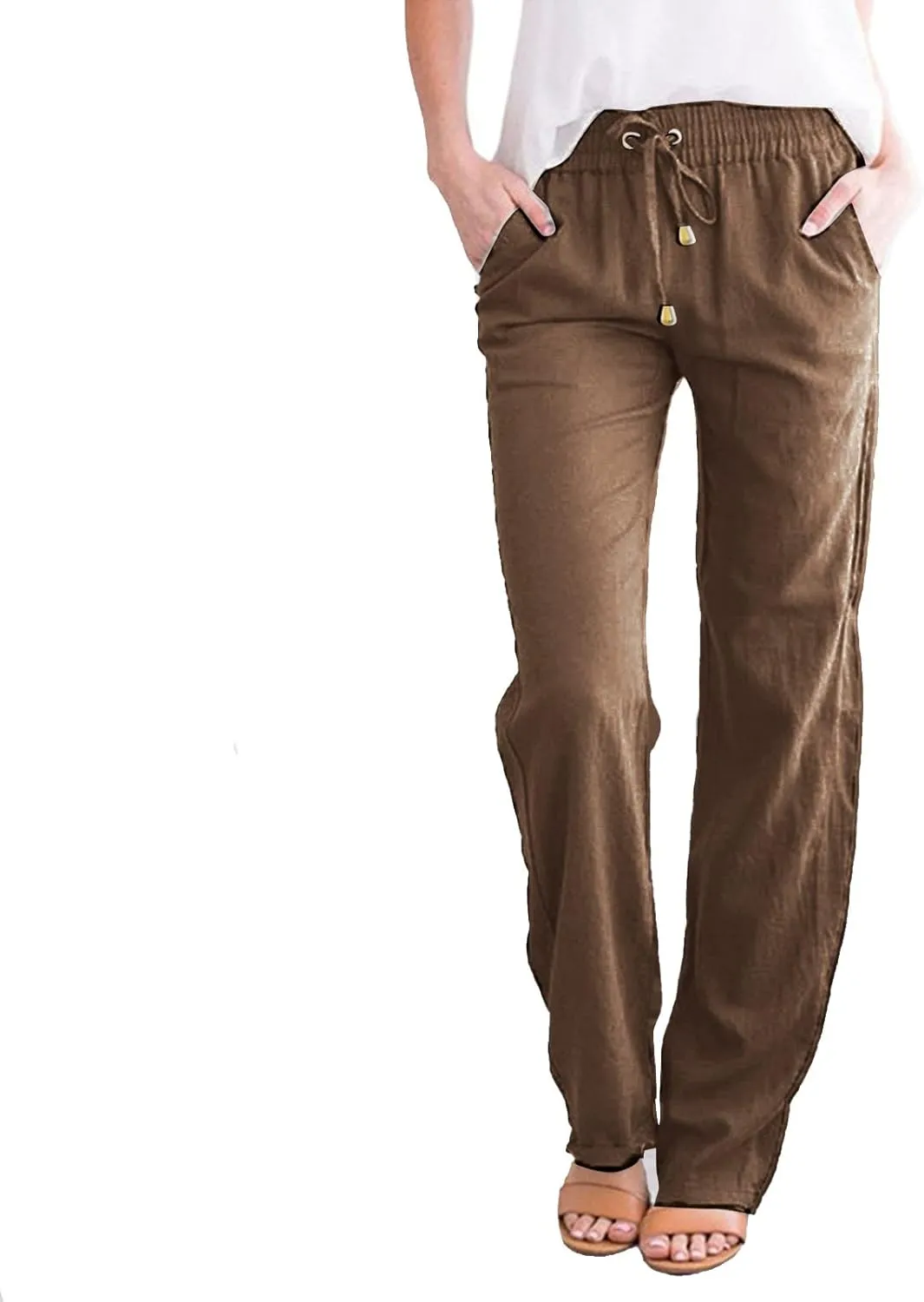 Women Linen Summer Trendy Pants High Waist Baggy Stretchy Slim-Fit Trousers Travel