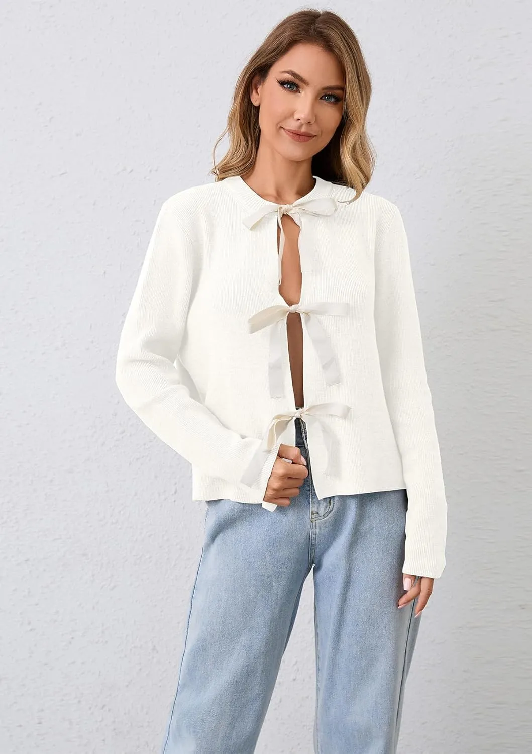 Women Long Sleeve Bow Tie Front Cardigan Sweater Open Front Knit Pullover Tops Casual 2024 Fall Winter