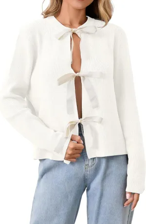 Women Long Sleeve Bow Tie Front Cardigan Sweater Open Front Knit Pullover Tops Casual 2024 Fall Winter