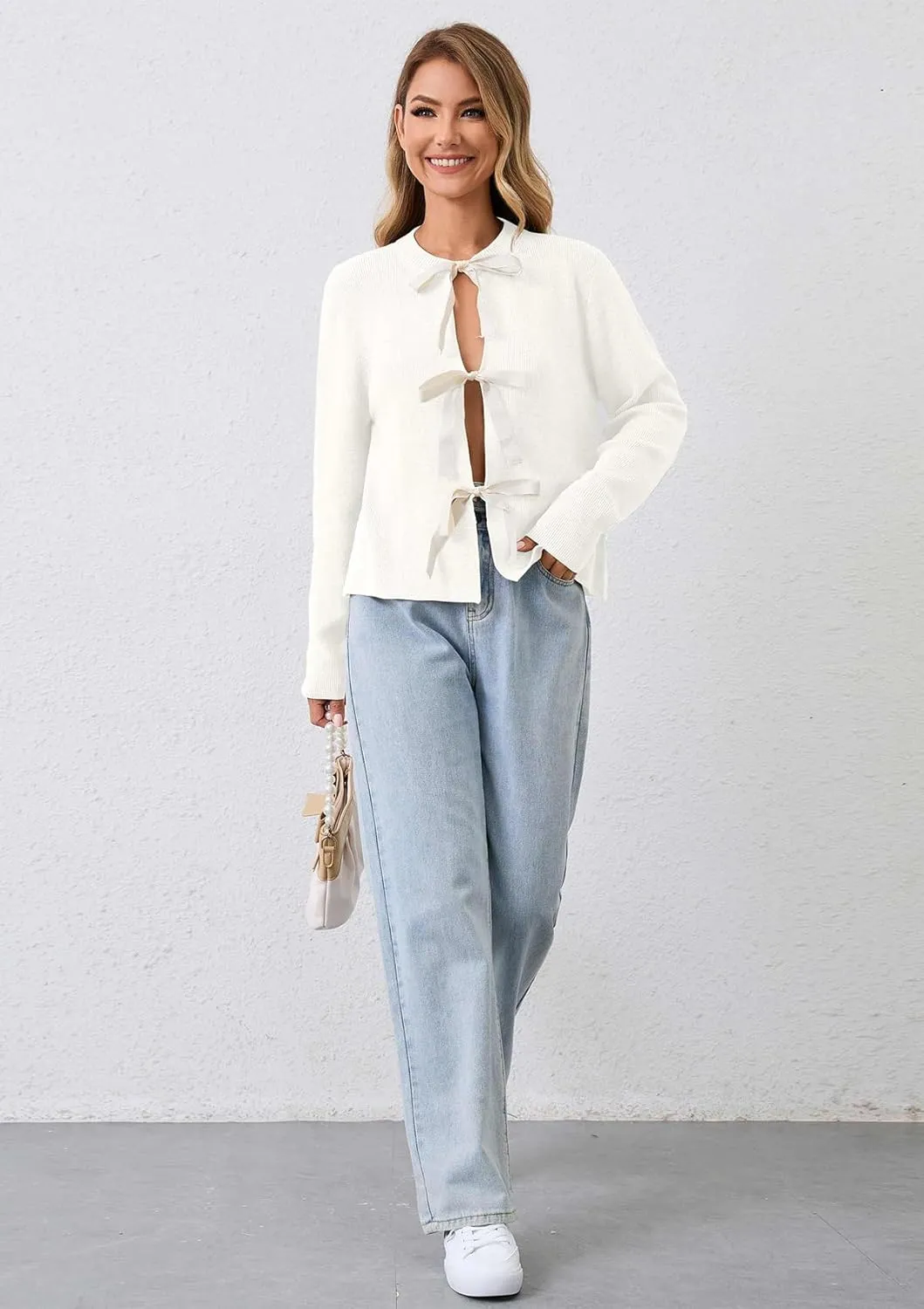 Women Long Sleeve Bow Tie Front Cardigan Sweater Open Front Knit Pullover Tops Casual 2024 Fall Winter
