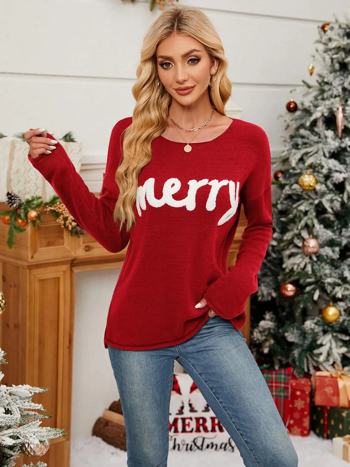 Women Merry Christmas Sweater Long Sleeve Xmas Knitted Top Funny Holiday Graphic Pullover Tops 2024 Trendy