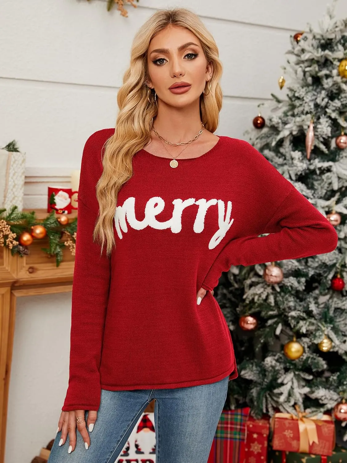 Women Merry Christmas Sweater Long Sleeve Xmas Knitted Top Funny Holiday Graphic Pullover Tops 2024 Trendy