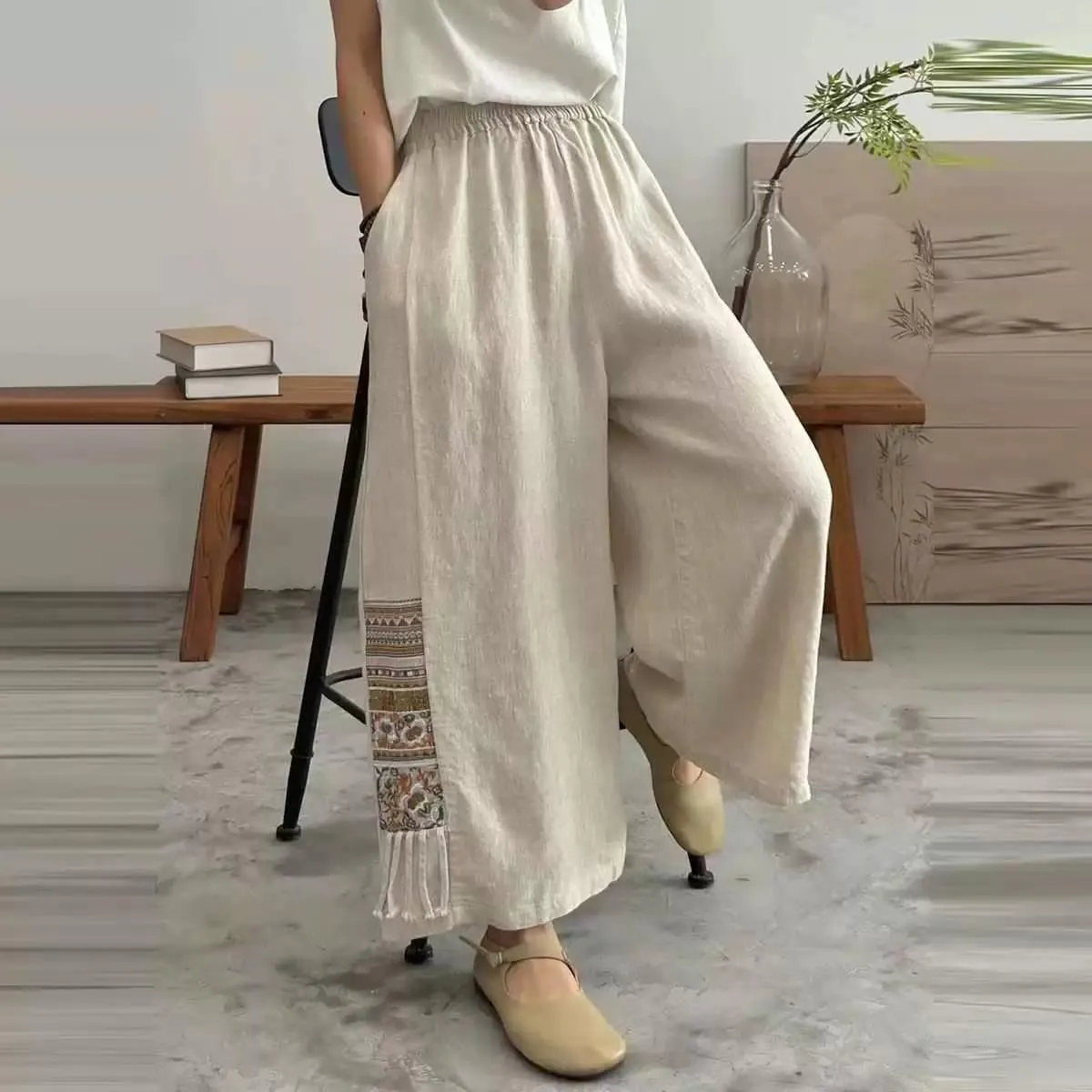 Women Palazzo Pants Summer Boho Bagyy Wide Leg High Waist Casual Trousers Flowy Loose Lounge Printing Pants with Pocket