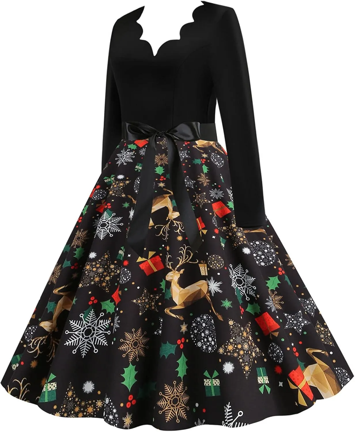 Women Plaid Christmas Dress Vintage Elegant Long Sleeve V Neck Midi Dress Evening Party Prom Party Oversized Swing Dress