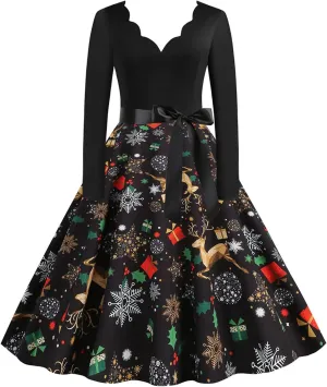 Women Plaid Christmas Dress Vintage Elegant Long Sleeve V Neck Midi Dress Evening Party Prom Party Oversized Swing Dress