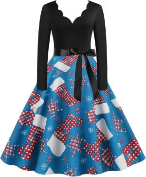 Women Plaid Christmas Dress Vintage Elegant Long Sleeve V Neck Midi Dress Evening Party Prom Party Oversized Swing Dress